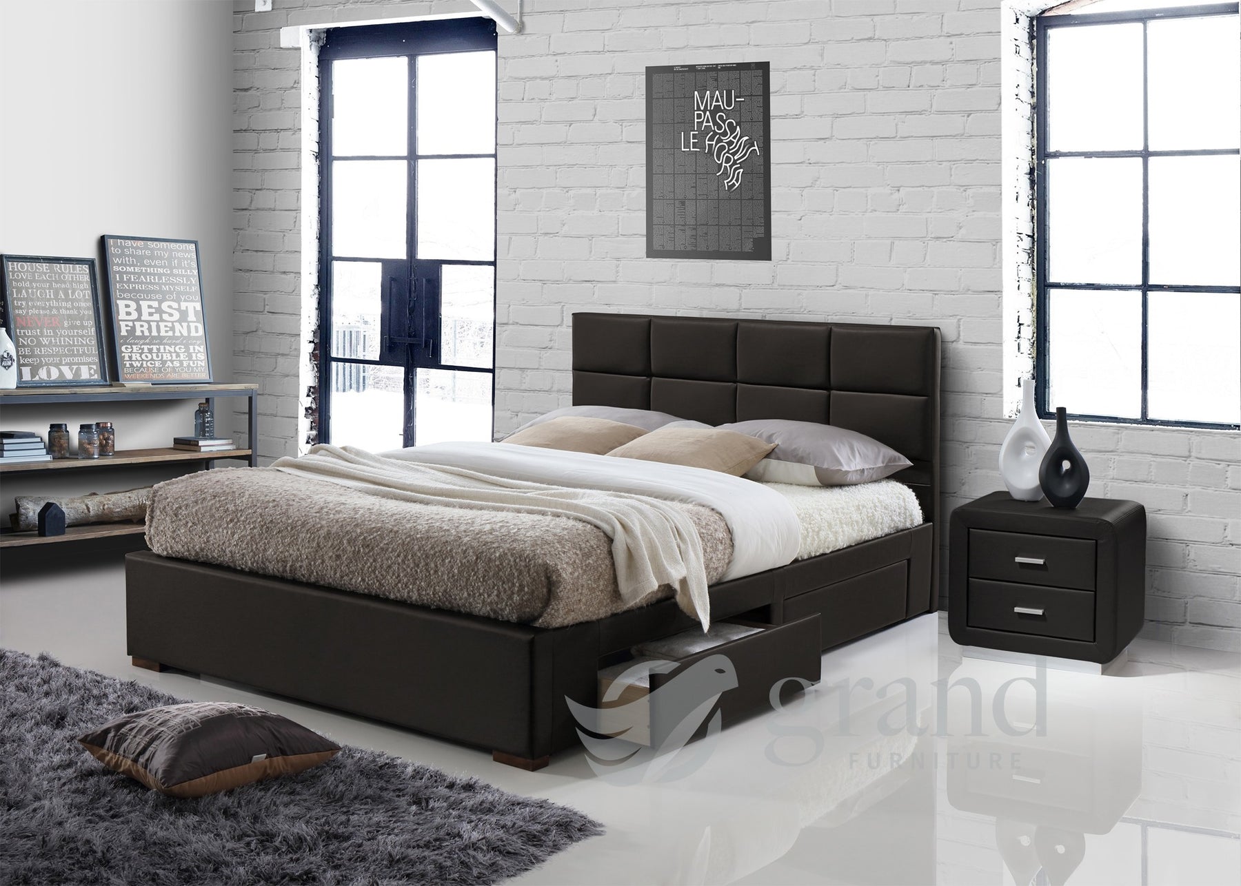 Vermont 4 Drawer Storage Leather Bed in Brown